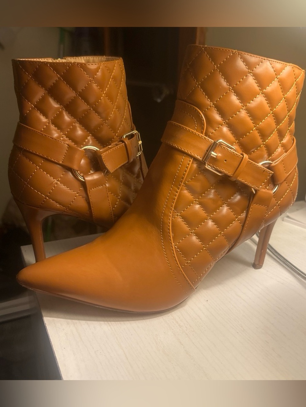 NY&C Quilted Pointed-Toe Ankle Boots in Cognac